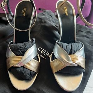 NEW Celine Silver and Gold Metallic Leather Ankle Strap Sandals